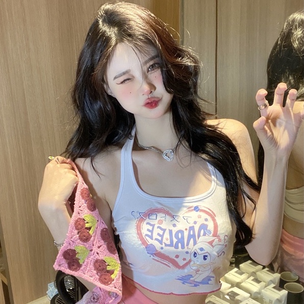 Áo Dệt Kim Hai Dây In Họa Tiết 【ZHELIHANGFEI】 Thời Trang Quyến Rũ Cho Nữ