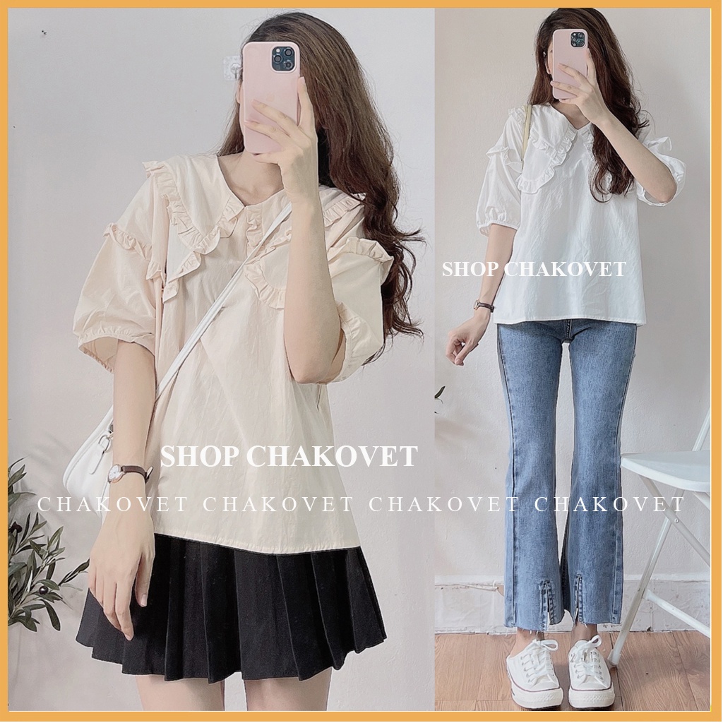 Áo sơ mi nữ tay ngắn form rộng A873 cổ chữ V, tay bồng retro kiểu pháp thiết kế sang trọng hàng đẹp mặc đi làm đi học