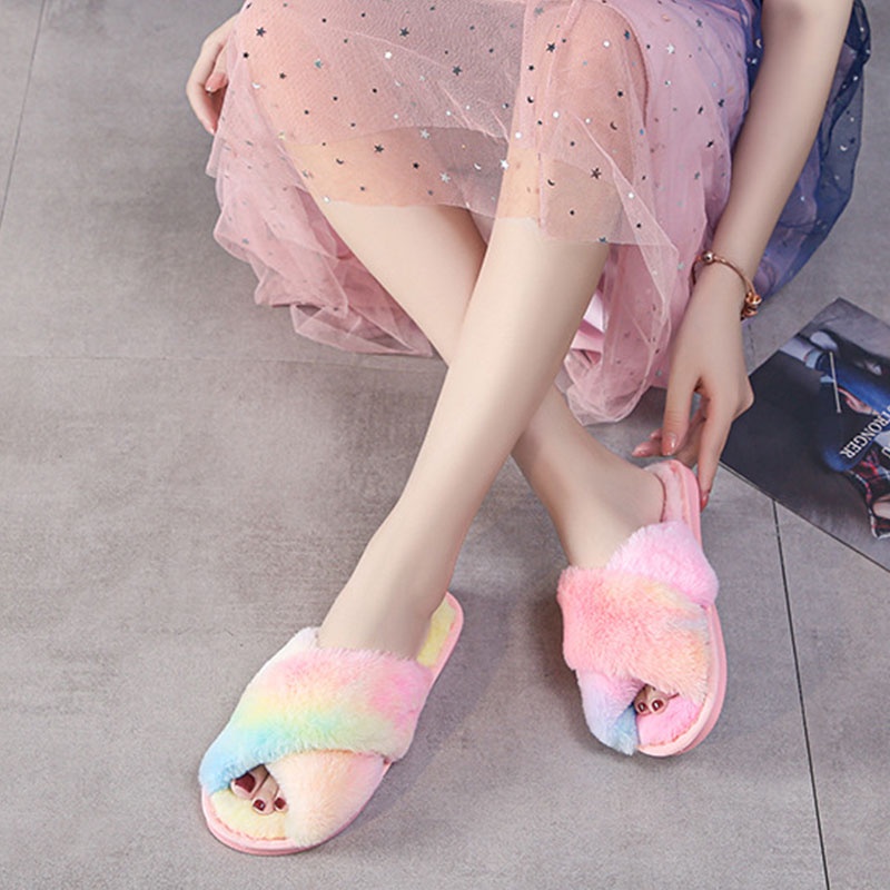 Dép Bông Quai Chéo Xuyên Thấu Màu Cầu Vồng Phong Cách Hàn Quốc Mới Cho Nữ