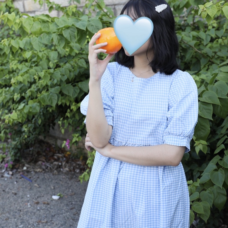 Váy babydoll caro tay phồng xanh dương 2hand