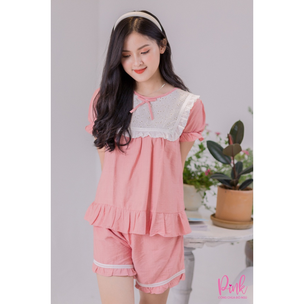 Bộ Ngủ Pijama Nữ Tay Ngắn Quần Đùi Chất Đũi Cao Cấp Màu Hồng Phong Cách Ulzzang Hàn Quốc HOT TREND