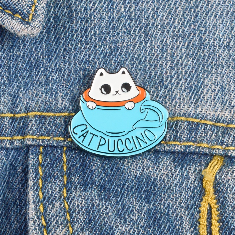 Huy hiệu cài áo QIHE JEWELRY thiết kế hình tách cà phê và chú mèo đáng yêu