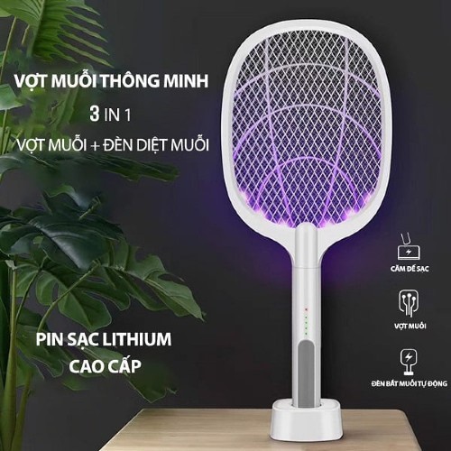 Vợt bắt muỗi thông minh kiêm đèn bắt muỗi, tích hợp đế sạc