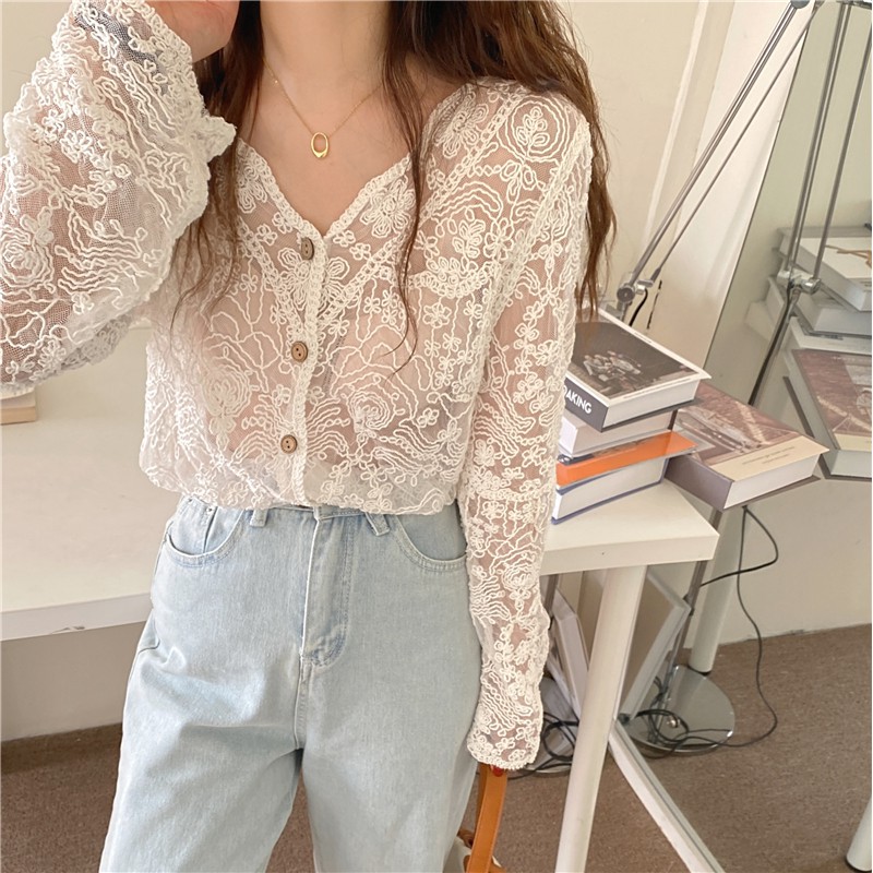 [ORDER] Áo blouse ren xuyên thấu style Hàn Quốc nữ tính (trắng/nude)