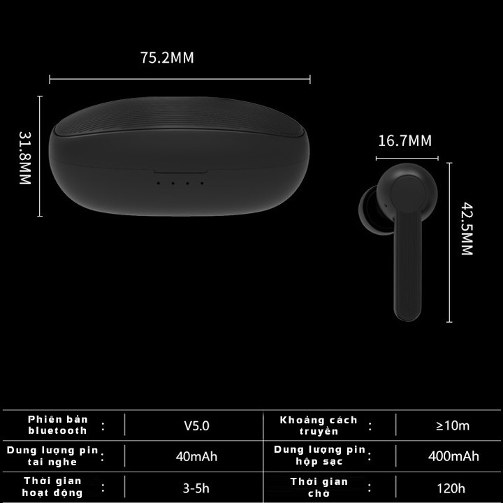 Tai nghe Bluetooth TWS Điều Khiển Cảm Ứng True Wireless Stereo 5.0 Chống Ồn - Mã TZBH407