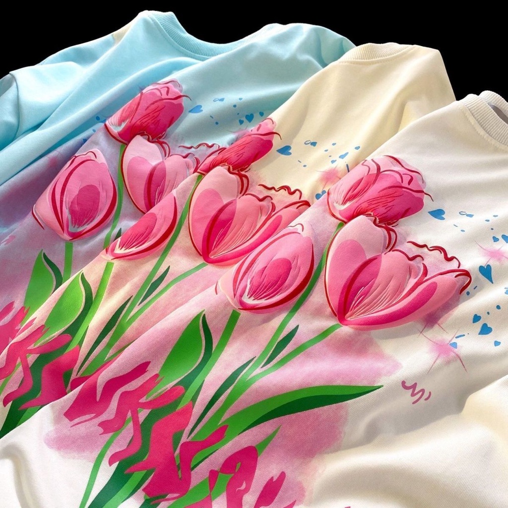 Jiashucheng Áo Thun Tay Ngắn In Hình Hoa Tulip Ngọt Ngào Thời Trang Mùa Hè Cho Cặp Đôi