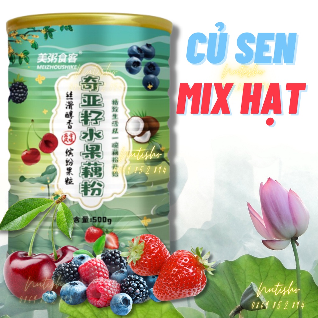 Bột củ sen mix các loại trái cây dâu tây, anh đào, dừa.... ăn kiêng giảm cân hộp thiếc 500g