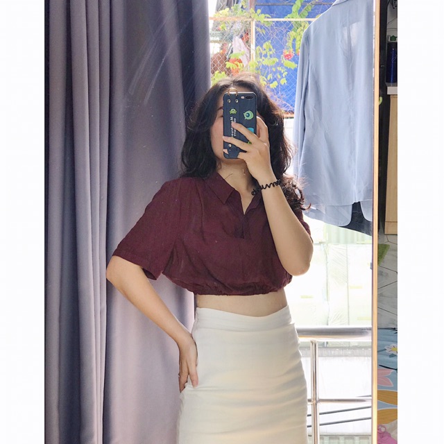 Áo croptop bo chun đỏ đô trendy [ĐỒ 2HAND]