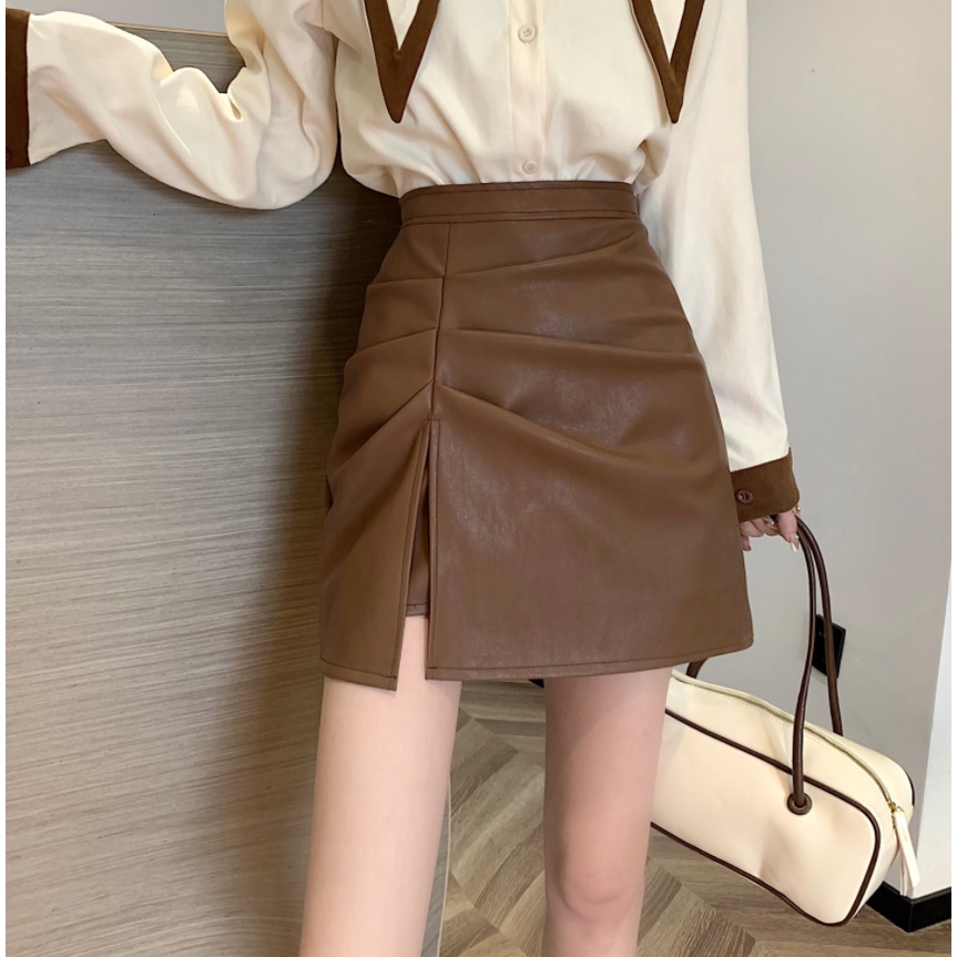 Porozi  váy Chân Váy Da Ngắn Lưng Cao Thiết Kế Lệch Tà Kiểu Hàn Quốc Cá Tính Cho Nữ