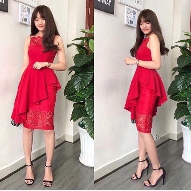 Đầm mullet lệch tà bê trong váy bút chì ren chuẩn