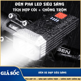 Đèn xe đạp siêu sáng 2 pha tích hợp còi, chống trộm, chống nước, sạc USB.