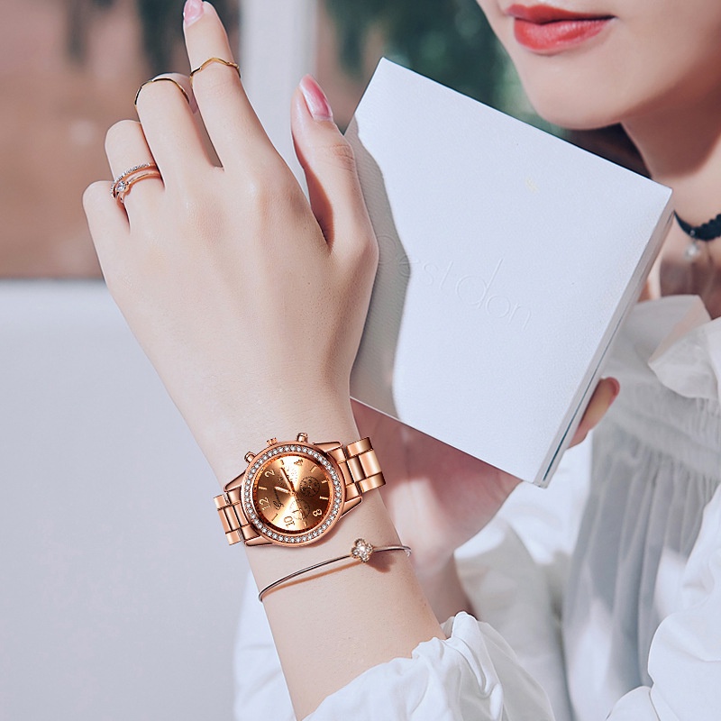 Đồng Hồ Đeo Tay Ba Mắt Đính Kim Cương Lấp Lánh Nhiều Màu Bằng Thép Không Gỉ Giản Dị Dành Cho Bạn Nữ