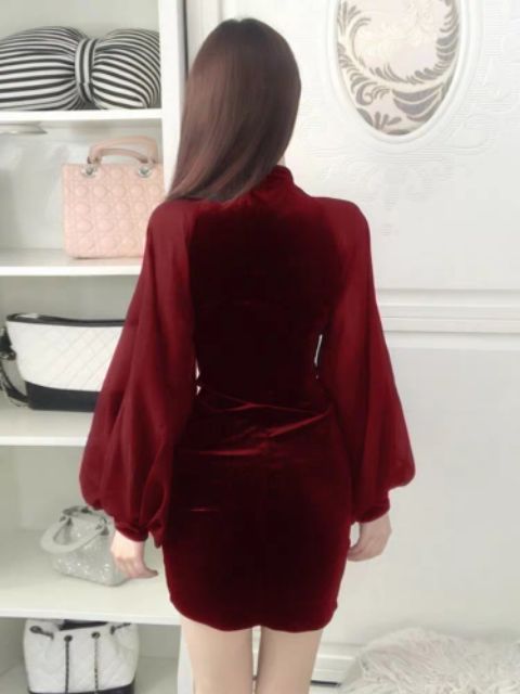 Ảnh thật-Clip thật Sườn xám nhung tay voan đỏ size SML