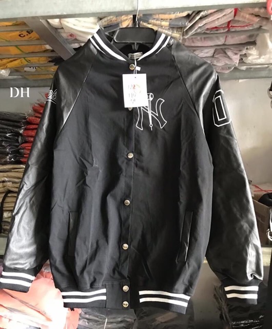 Áo khoác kaki bomber NY phối tay da