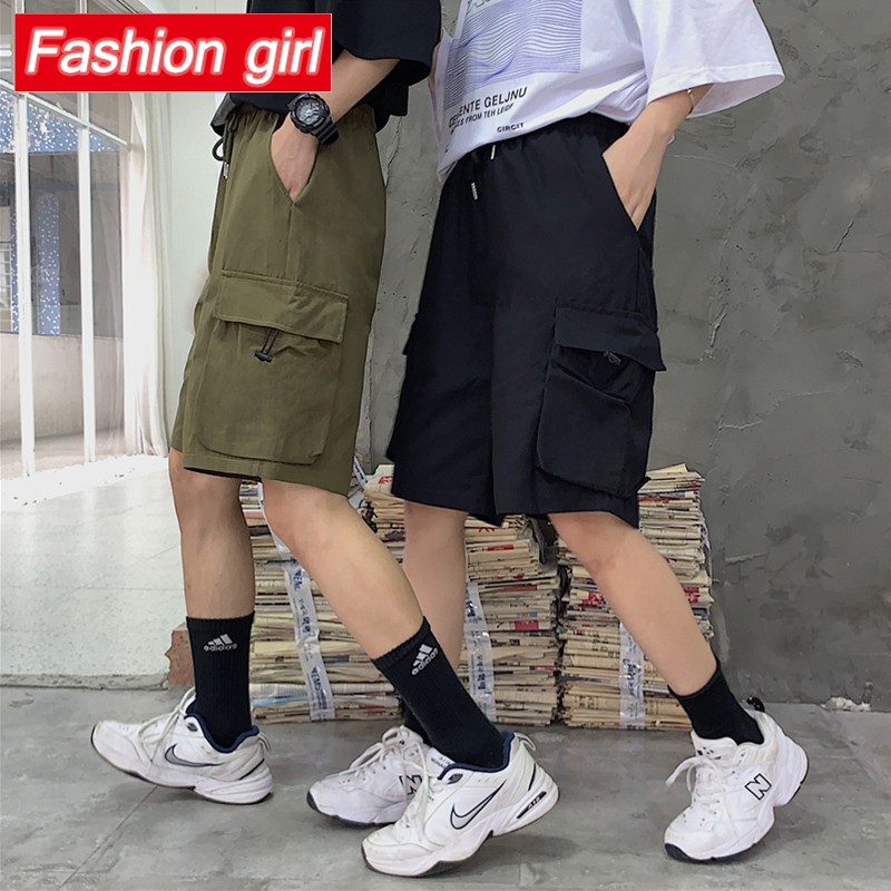 Quần Short Jean Phối Túi Lớn Kiểu Harajuku Cá Tính Cho Nam Và Nữ