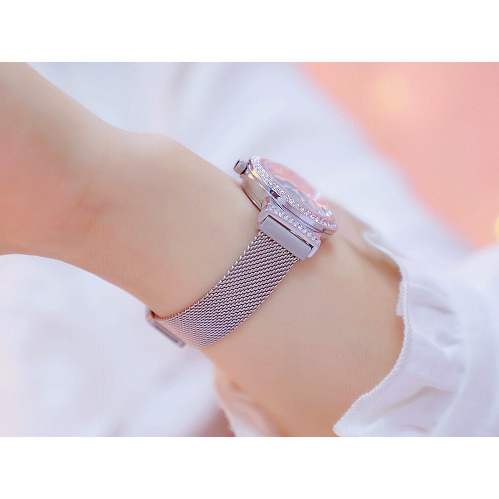 Đồng hồ nữ Bee Sister FA1519 dây thép cao cấp khóa nam châm mặt tròn đính đá đa giác. Bán lẻ giá sỉ