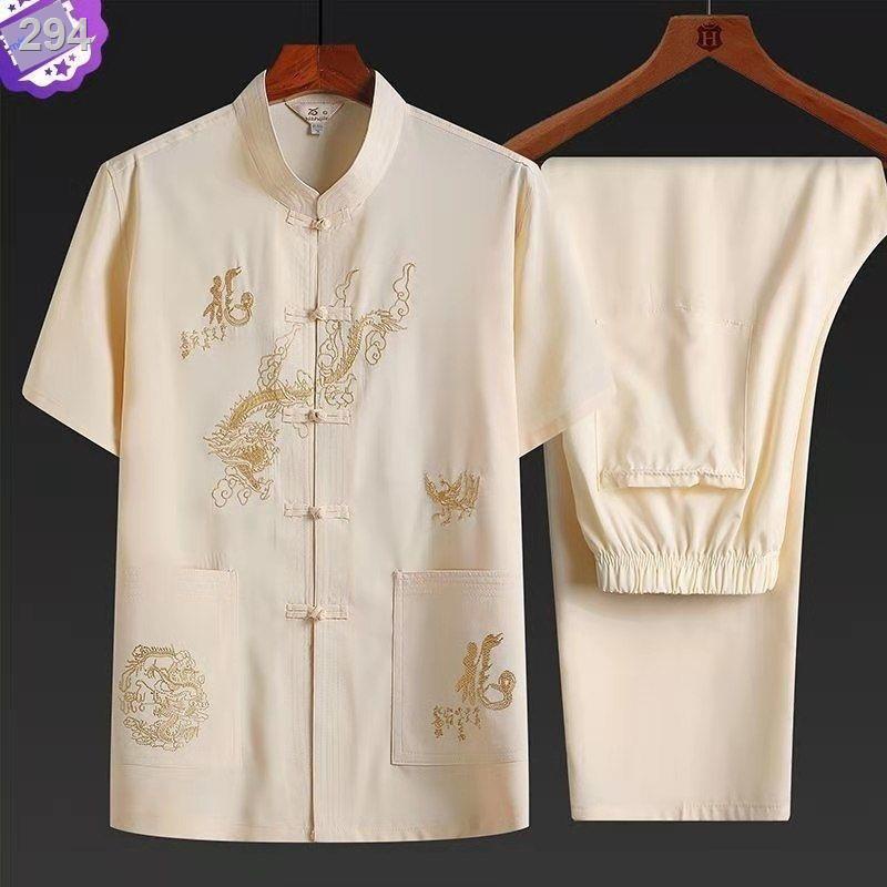 Tang phù hợp với người đàn ông trung niên và cao tuổi Bộ quần áo giản dị của bố phong cách Quốc mùa hè nội r