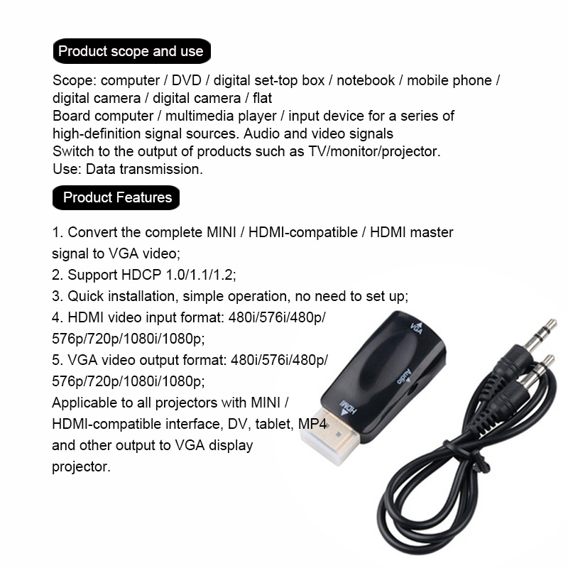 Bộ Chuyển Đổi Hdmi Sang Vga Vda Với Âm Thanh Hdim Cho Máy Tính / Notebook / Màn Hình Tv Hd / Màn Hình Máy Chiếu / Màn Hình Hd | BigBuy360 - bigbuy360.vn