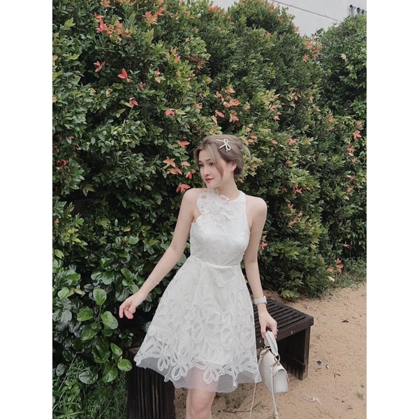 ĐẦM TRẮNG REN HOA CỔ YẾM