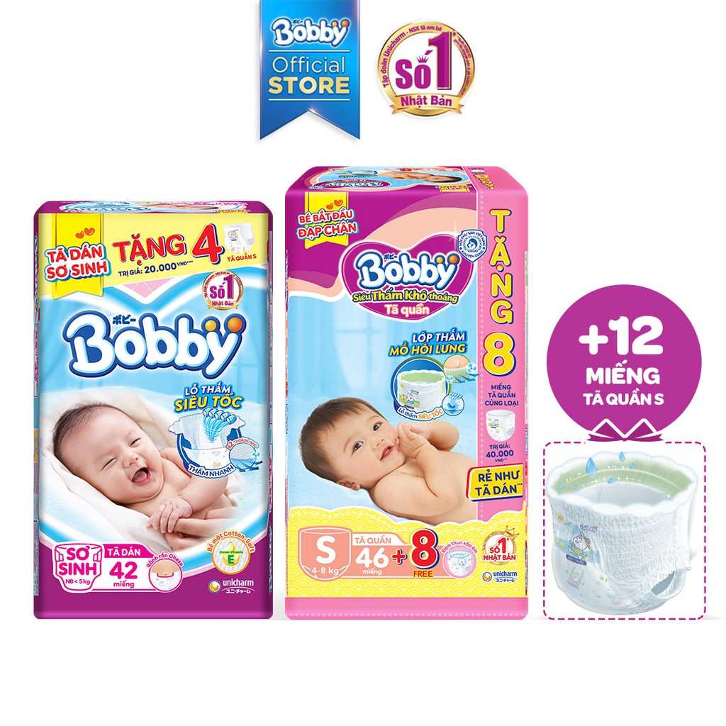 Combo Tã Dán Bobby Siêu Thấm XS42 (42 Miếng) + Tã Quần Bobby S46 (46 Miếng)