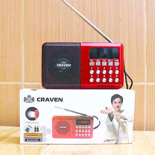 Loa đài FM Craven CR-65 hỗ trợ Thẻ nhớ/ USB/ Tai nghe/ Đèn pin - dùng pin sạc BL-5C hoặc pin tiểu AA (Đen đỏ)