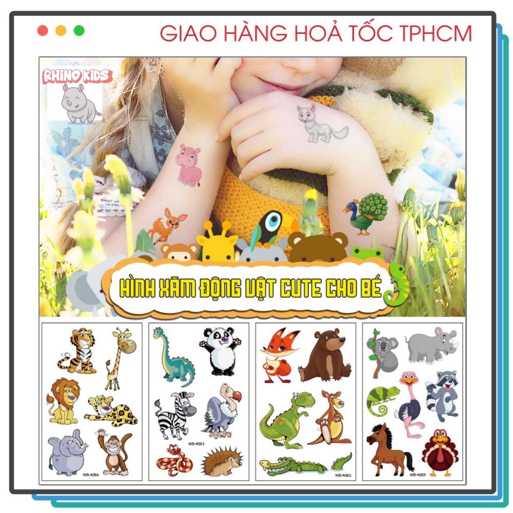 Hình xăm tatoo nhiều chủ đề động vật sticker dán chống thấm nước cho bé trai bé gái sáng tạo vui chơi an toàn
