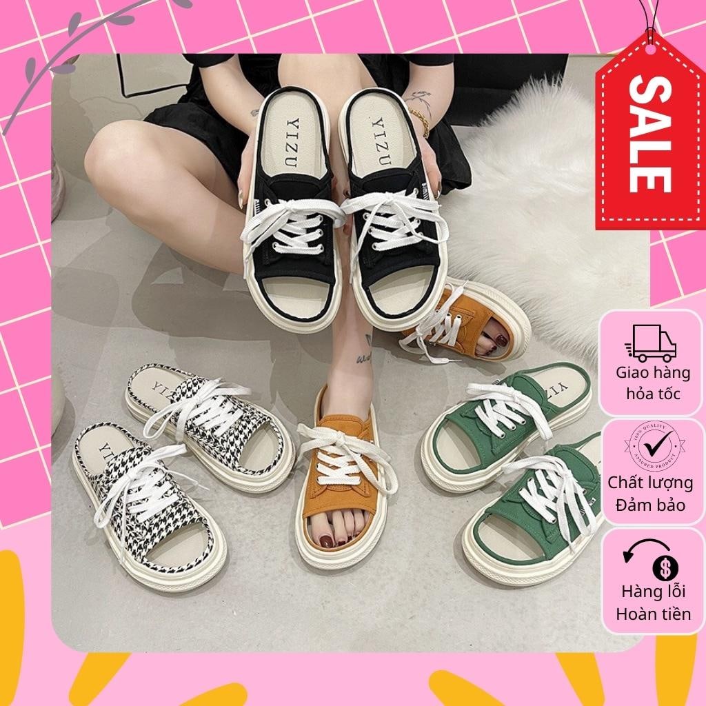 Dép sục nữ dáng giày hở mũi dây buộc đế bánh mỳ cao 3cm phong cách hàn quốc quai vải canvas vintage