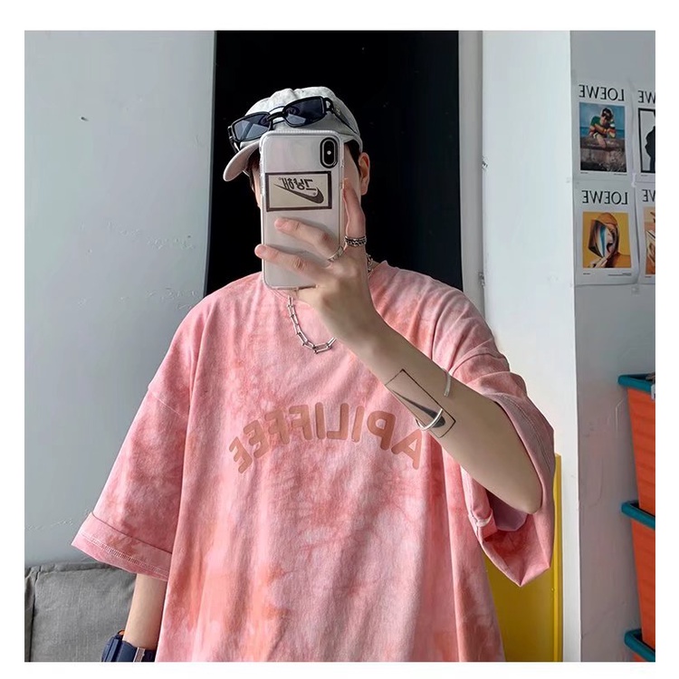 Áo thun tay ngắn cổ tròn nhuộm màu loang phong cách hong kong cá tính thời trang mùa hè cho nam Size M-7XL