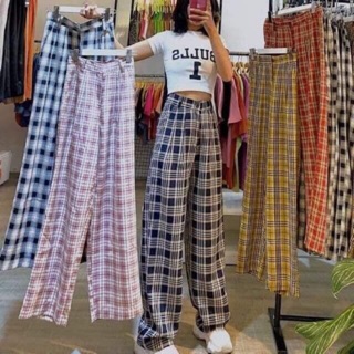 Quần kẻ caro ống rộng siêu dài(khoá thật)