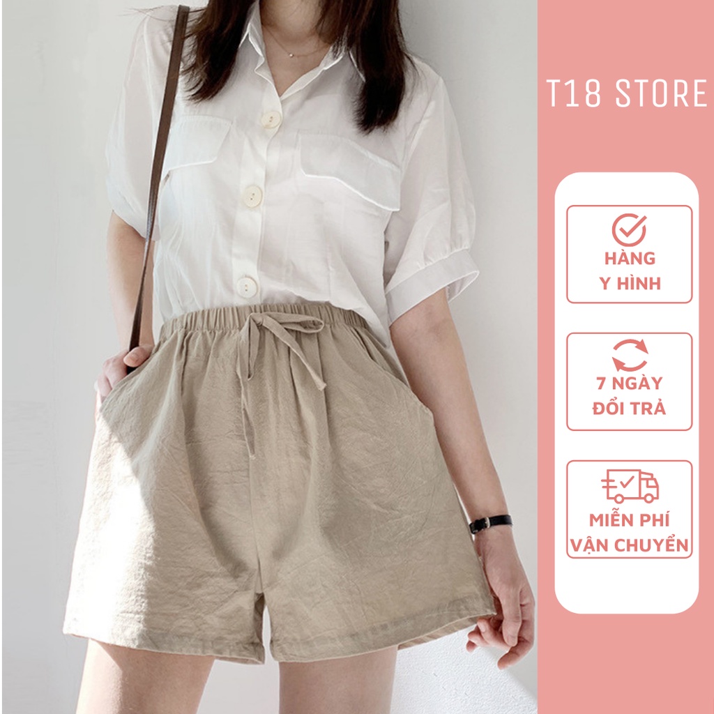 Quần short đũi ngắn thắt nơ, quần sooc đùi nữ có túi ống rộng cạp chun mềm mịn thoải mái T18 STORE QD07