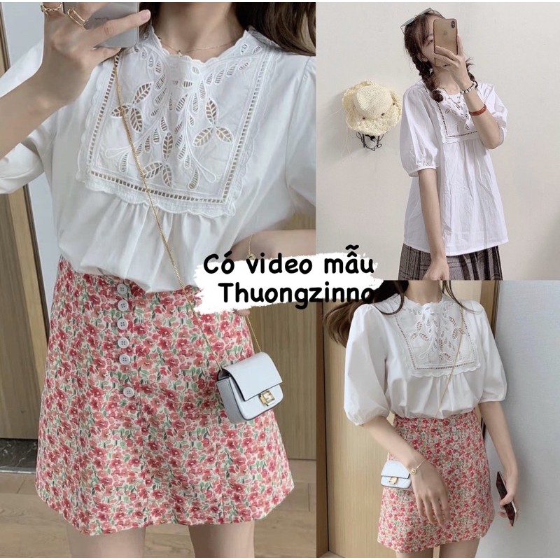 [Ảnh thật/Video] Áo sơ mi trắnh cổ thêu hoa tay bồng nhẹ nhàng kiểu dấng Hàn Quốc