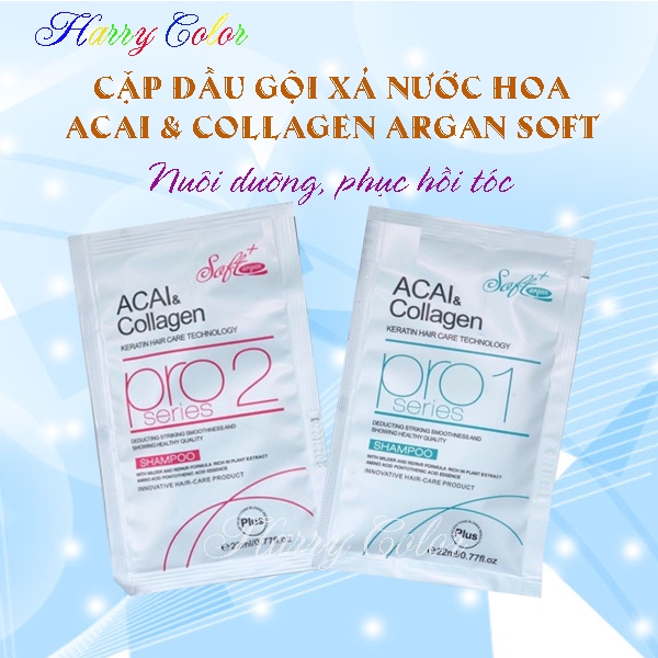 Cặp dầu gội xả nước hoa Acai &amp; Collagen Argan Soft+ 22ml FREESHIP &gt;50K Phục hồi tóc sau tẩy và nhuộm, sử dụng tiện lợi