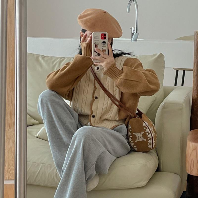 Áo Khoác Cardigan Dệt Kim Màu Sắc Tương Phản Phong Cách Vintage Cho Nữ