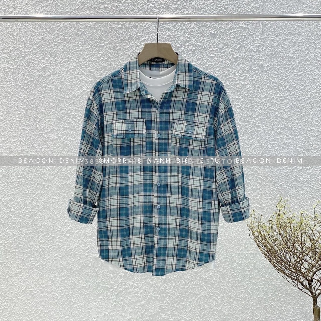 BST Áo Sơ Mi Nam Form Rộng Mẫu Caro Mới Hai Túi, Kẻ Nổi BEACON DENIM Mã 418-423