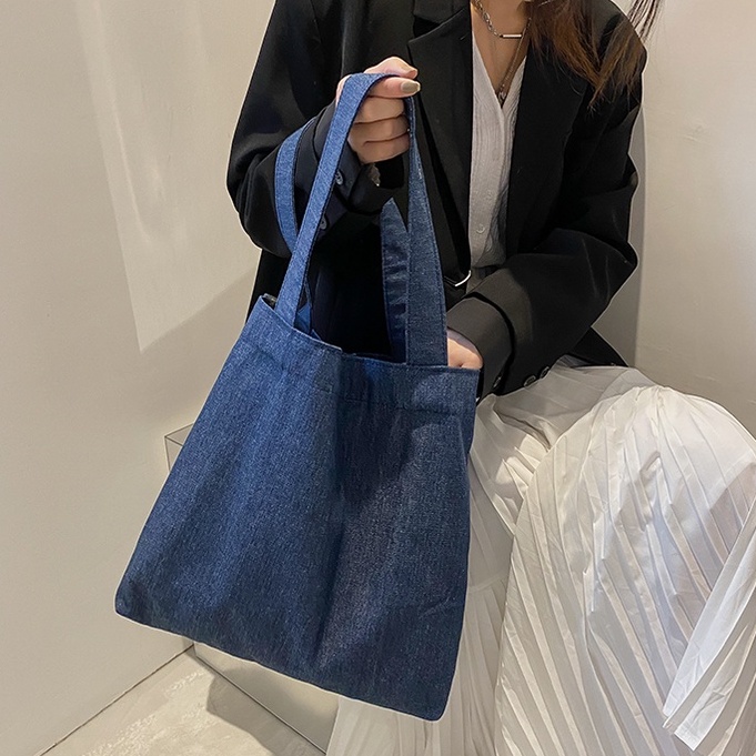 Túi Xách Vải Denim Đeo Vai Sức Chứa Lớn Màu Sắc Đơn Giản Thời Trang Retro Cho Nữ