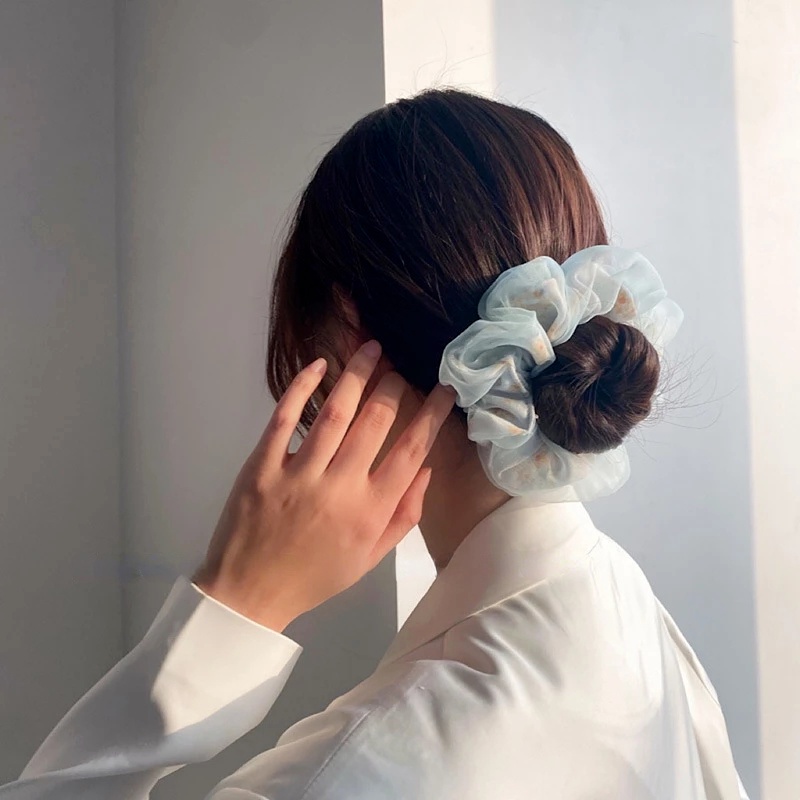 Dây Cột Tóc Lụa Organza Hai Lớp In Hoa Cỡ Lớn / Dây Buộc Tóc Đuôi Ngựa Co Giãn Thời Trang Cho Nữ