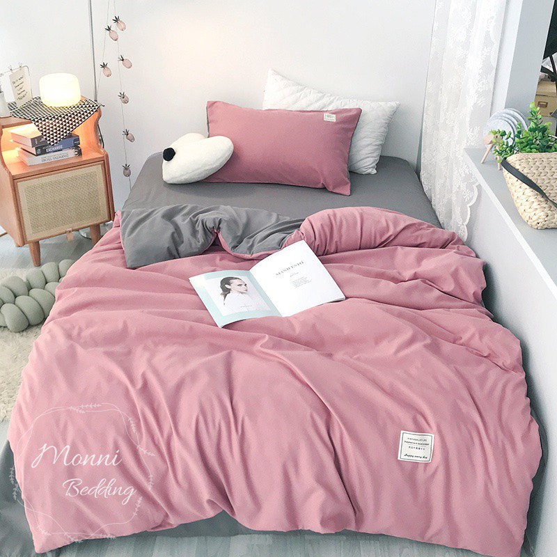 BỘ GA GỐI COTTON HÀN QUỐC TICI HỒNG PHỐI XÁM CỰC XINH