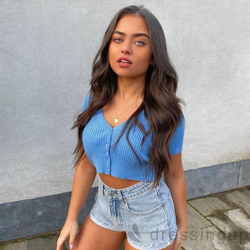 Áo Kiểu Tay Ngắn Màu Trơn Thiết Kế Hở Bụng Quyến Rũ Cho Nữ