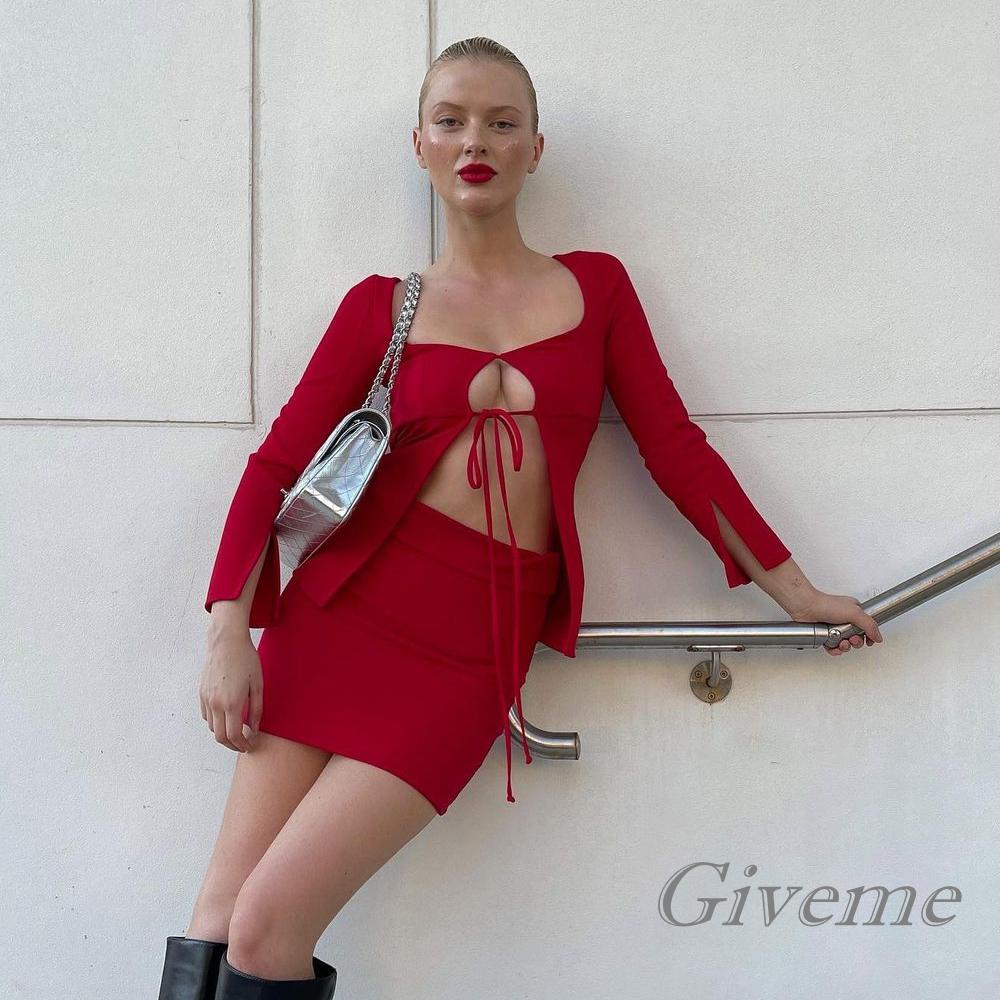 Set Đồ Mùa Hè 2 Món Gồm Áo Tay Dài Cắt Xẻ Tà Và Chân Váy Ngắn Lưng Cao Màu Trơn Cho Nữ