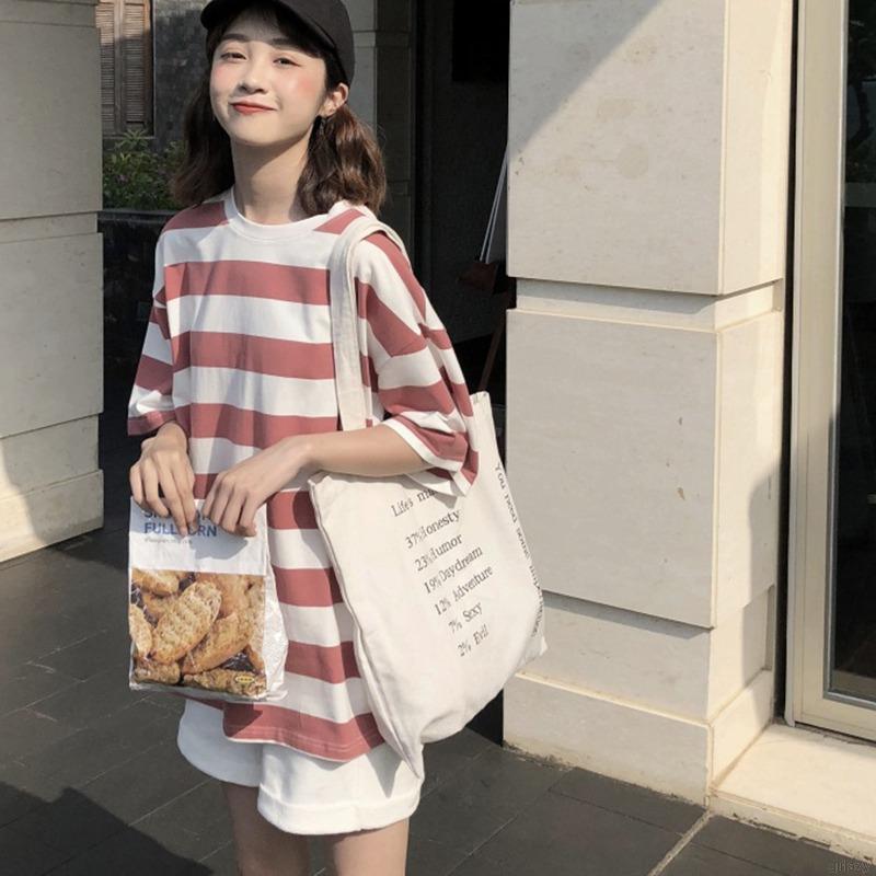 Áo thun tay ngắn cổ tròn dáng rộng họa tiết kẻ sọc trẻ trung thời trang phong cách Hàn Quốc