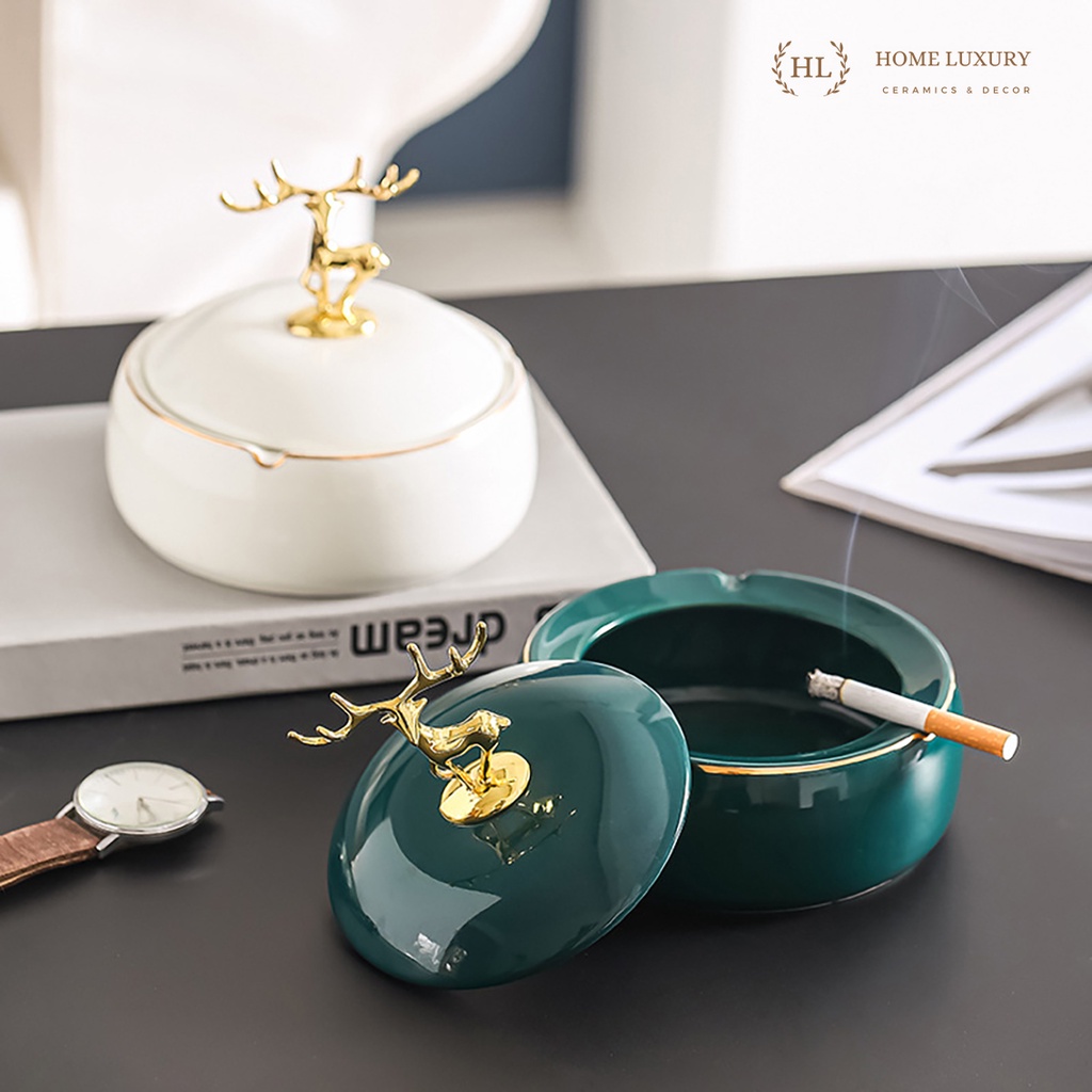 Gạt Tàn Sứ Có Nắp Đậy Hình Hươu Decor | GẠT TÀN SỨ VÂN ĐÁ SIZE TO CÓ NẮP SỨ PHONG CÁCH RETRO DECOR