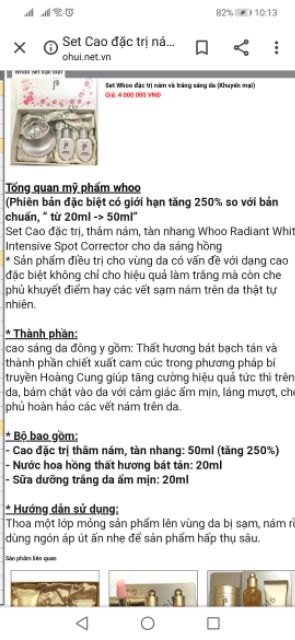 [Mới date 2023] Set cao dưỡng trắng mờ thâm sạm nám whoo radiant white intensive spot corrector 50ml