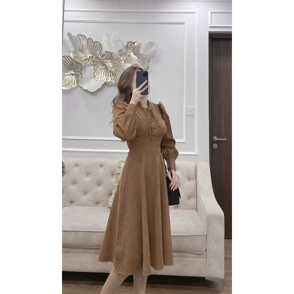 Váy thiết kế cho nữ chất nhung tăm cổ nơ màu nâu tây tiểu thư mềm mịn Mẫu mới 2022 | BigBuy360 - bigbuy360.vn