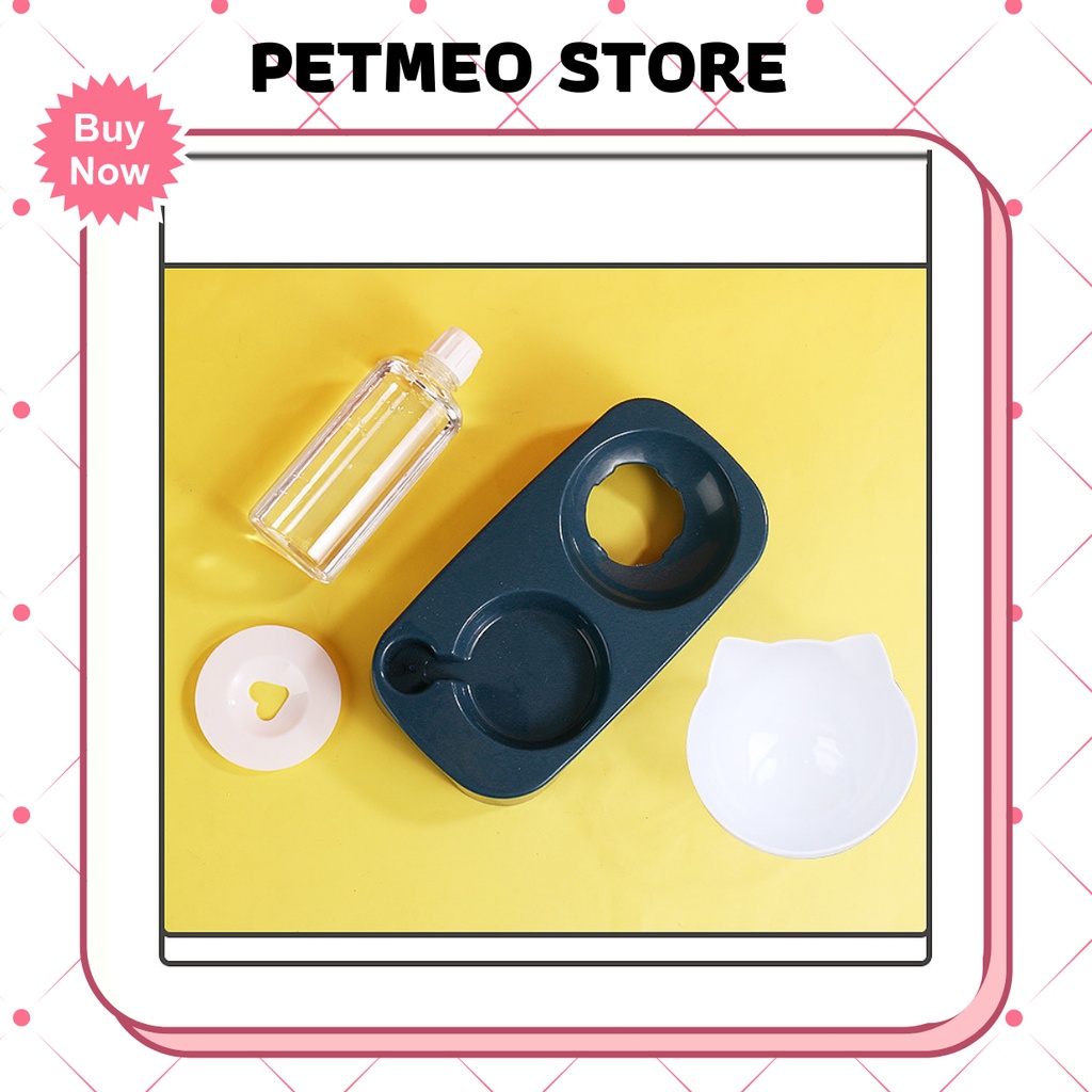 Bát ăn đôi cho chó mèo thiết kế chống gù kèm bình nước tự động 500ml - PETMEO