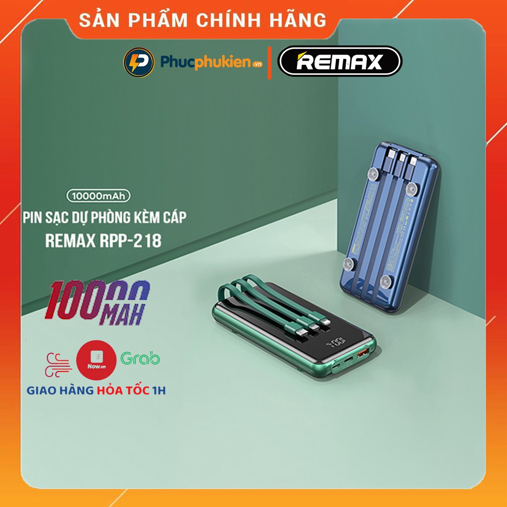 Sạc dự phòng 10000mah Remax RPP 218 tích hợp 3 cáp sạc lightning, Type C và micro hỗ trợ sạc nhanh 2 chiều