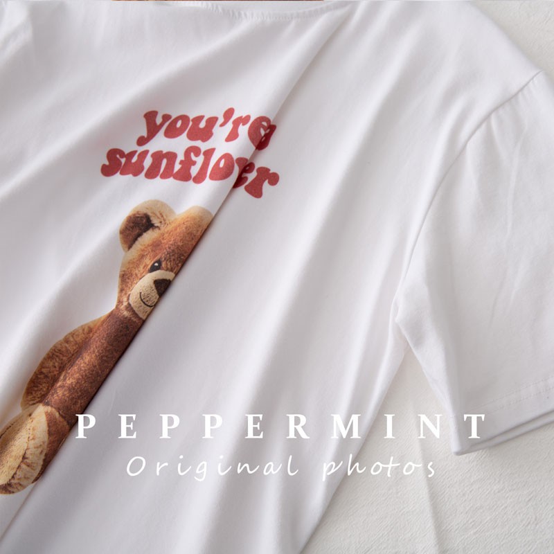 Áo thun Peppermint 41128 tay ngắn in hình gấu dễ thương phong cách Hàn Quốc thời trang