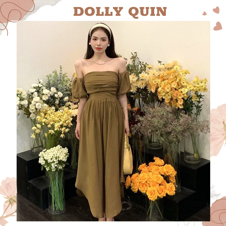 Đầm trễ vai tay bồng váy dự tiệc dáng dài lưng chun kaki nâu co giãn Đ005 Dolly Quin