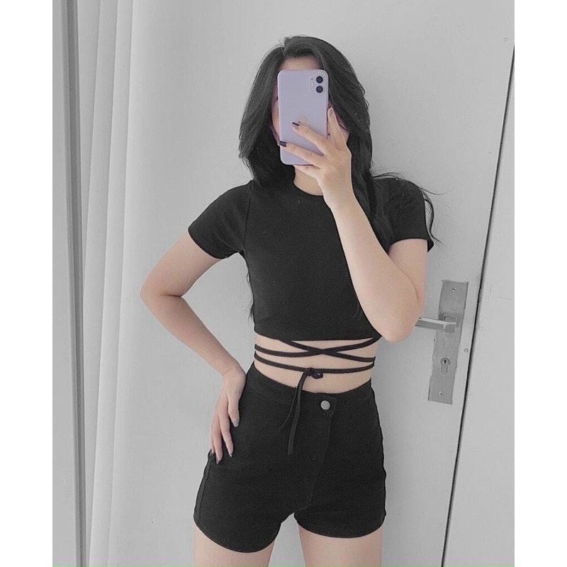 Áo Croptop Đan Dây Eo Nữ Hot  Phông Thun Body Dáng ôm, Thiết Kế Basic Màu ĐEN | TRẮNG Ulzzang HOT