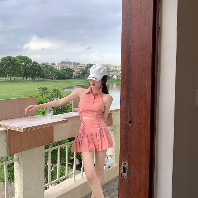 Jiashucheng Bộ Áo Váy Xếp Ly Eo Cao Buộc Dây Dáng Chữ a Nhỏ Phong Cách Mới Cho Nữ