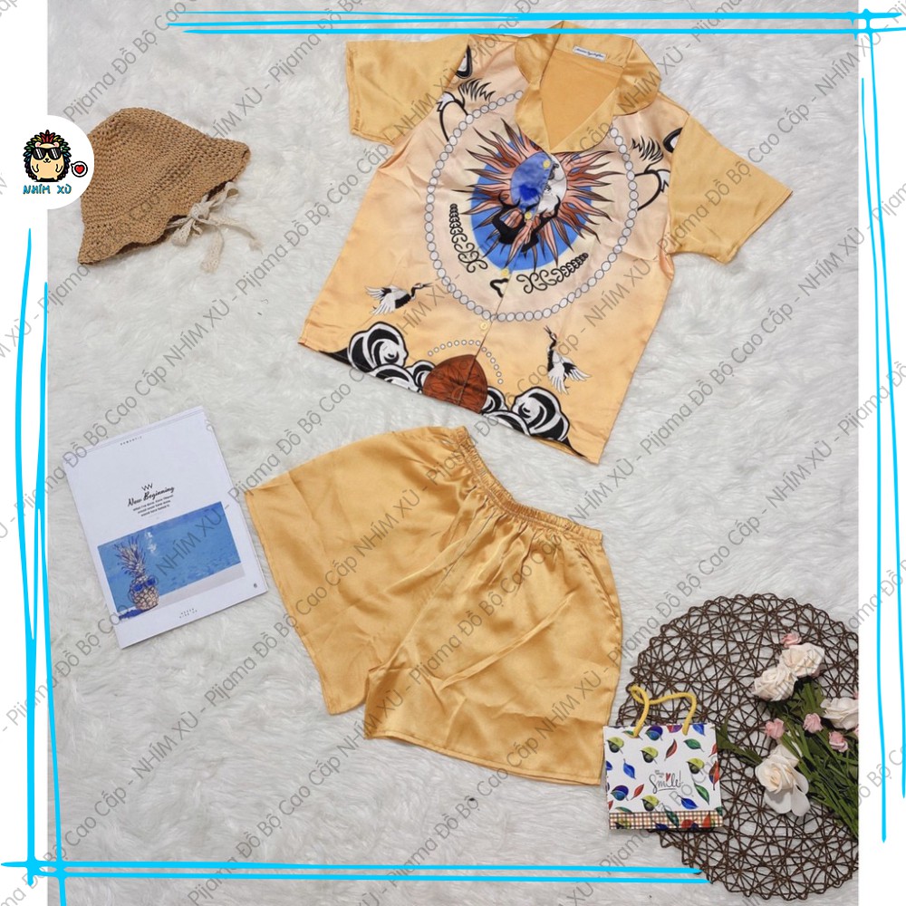 Đồ Bộ Ngủ Pijama Mặc Nhà Quần Đùi Áo Ngắn Tay Vải Satin Cao Cấp phối họa tiết mặt trời phong cách nghệ thuật lập thể | BigBuy360 - bigbuy360.vn